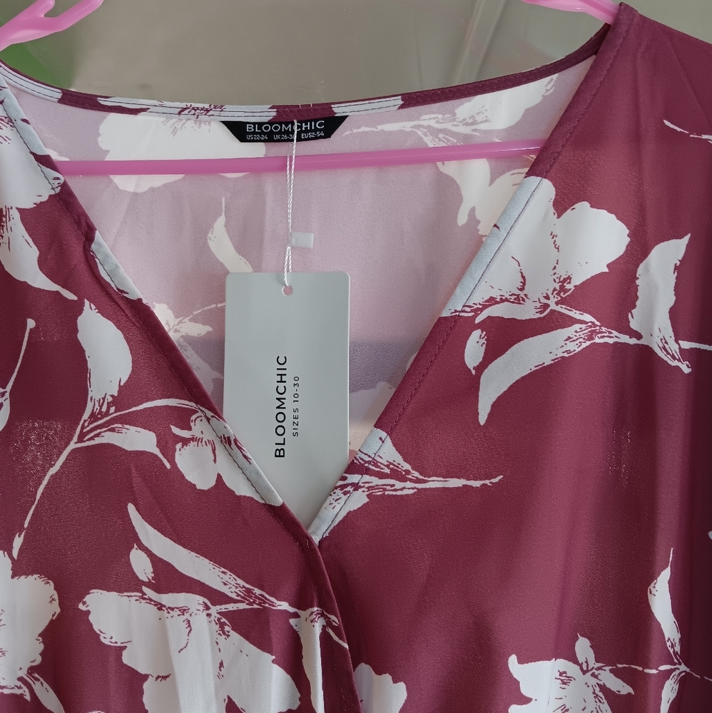 BloomChic Burgundy Floral Short Sleeve Dress - Picture 7 of 7